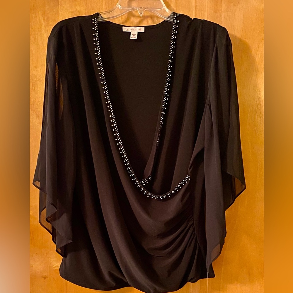 Dress Barn dressy flowy top with rhinestone edging